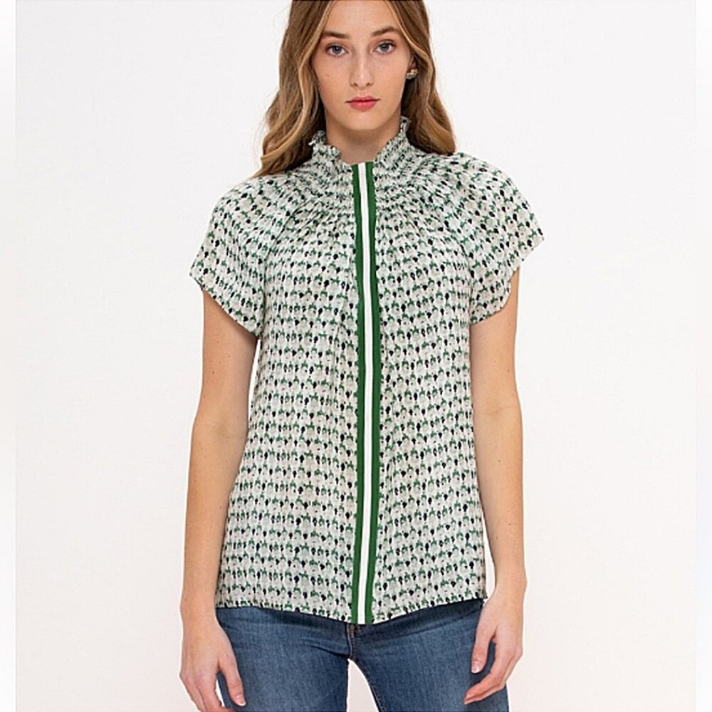 Rungolee Brooklyn Short Sleeve Silk Blouse Top Green Smocked Floral Stripe XS